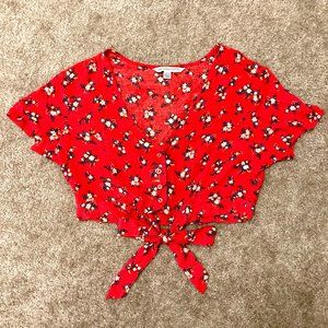 American Eagle Red Floral Tie Front Crop Top